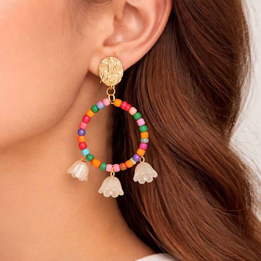 Boho Beaded Hoop Earrings with Floral Charms